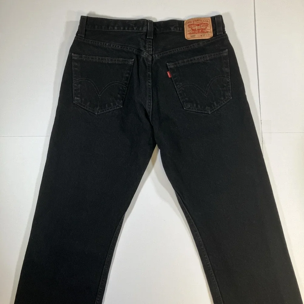 Levis 505 Jeans Mens 34x30 Black Straight Leg Zip Fly Stretch Denim